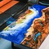 Unique natural wood resin table with blue ocean design