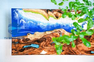 Unique natural wood resin table with blue ocean design