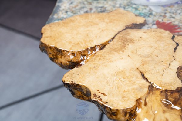 Handcrafted round coffee table for apartments, featuring iconic Koi fish, attractive gravel texture, and clear resin stream effect