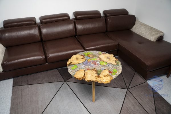 Handcrafted round coffee table for apartments, featuring iconic Koi fish, attractive gravel texture, and clear resin stream effect