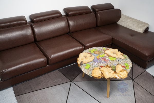 Unique wood and resin round table with Koi fish, captivating gravel base, and bright clear water, perfect for apartments