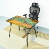 Unique office desk featuring iconic bright yellow Koi fish design and light pine wood