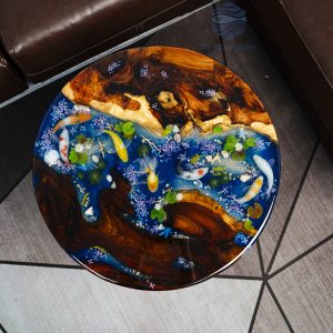 Very special Round Sofa Table with captivating Hương wood, characteristic Koi fish, mysterious deep blue sea resin, and Peach dragon-fish by TV Wood Resin