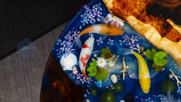 TV Wood Resin's special Round Table embodying Hương wood beauty, deep blue mystery, iconic Koi, and a captivating Peach dragon-fish