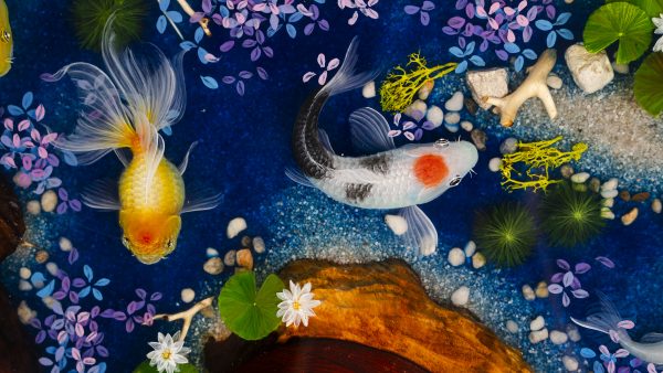 TV Wood Resin's special Round Table embodying Hương wood beauty, deep blue mystery, iconic Koi, and a captivating Peach dragon-fish