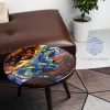 Unique wood and resin round table with captivating Hương wood grain, deep blue mystical water, characteristic Koi, and a special Peach dragon-fish element