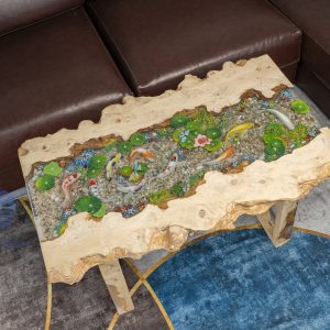 Iconic TV Wood Resin Koi fish design sofa table, light wood with raw knots