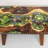 TV Wood Resin's signature Koi fish & chrysanthemum art on a Tamarind wood dining table for family kitchen