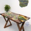 TV Wood Resin's signature Koi fish & chrysanthemum art on a Tamarind wood dining table for family kitchen