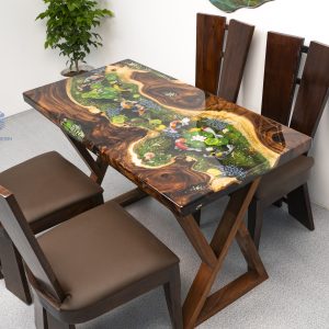 Iconic TV Wood Resin dining table for 4 with Koi fish, white chrysanthemum, moss background, Tamarind wood