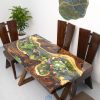 TV Wood Resin's signature Koi fish & chrysanthemum art on a Tamarind wood dining table for family kitchen