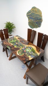 TV Wood Resin's signature Koi fish & chrysanthemum art on a Tamarind wood dining table for family kitchen