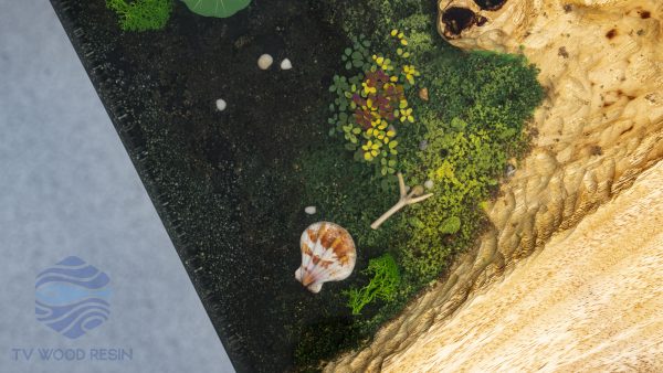 Handcrafted wood and dark epoxy resin meeting table with signature Koi fish art