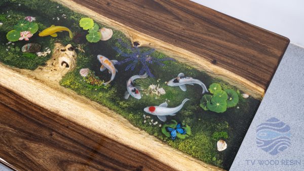 Handcrafted wood and dark epoxy resin meeting table with signature Koi fish art