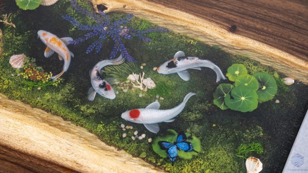 Handcrafted wood and dark epoxy resin meeting table with signature Koi fish art