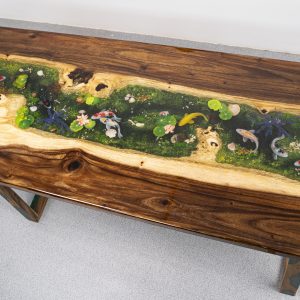 Unique office meeting table seating 6-8, featuring iconic dark Koi fish design