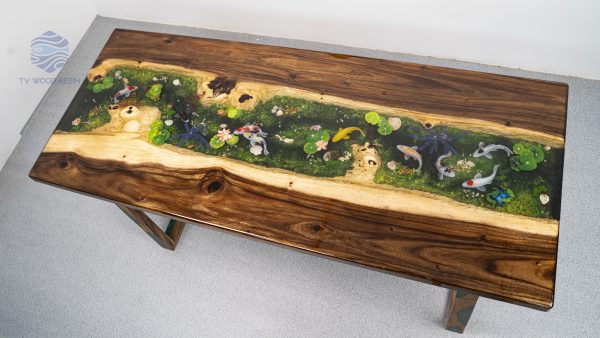 Unique office meeting table seating 6-8, featuring iconic dark Koi fish design