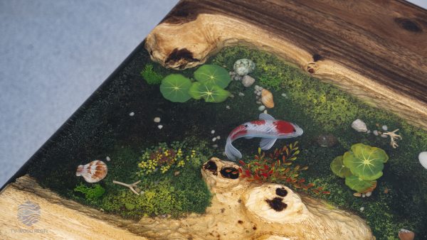 Iconic TV Wood Resin Koi fish design meeting table for 6-8, dark luxury tones