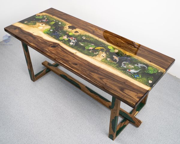 Handcrafted wood and dark epoxy resin meeting table with signature Koi fish art
