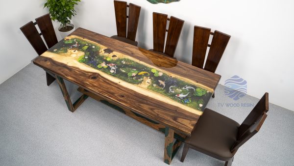 Handcrafted wood and dark epoxy resin meeting table with signature Koi fish art
