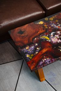 Custom large sofa with intricate Koi fish, golden coin, cherry blossom resin art and precious Sưa wood