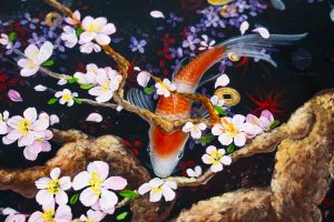 Iconic TV Wood Resin sofa with Koi fish, golden coins, cherry blossoms, rare Sưa wood, dark mysterious design