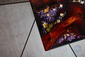 Custom large sofa with intricate Koi fish, golden coin, cherry blossom resin art and precious Sưa wood