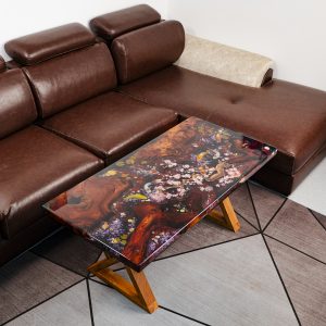 Unique magnificent sofa featuring iconic Koi, Chinese coins, cherry blossoms on mysterious dark background, red-brown Sưa wood