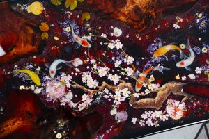 Iconic TV Wood Resin sofa with Koi fish, golden coins, cherry blossoms, rare Sưa wood, dark mysterious design