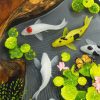 Handcrafted round Koi fish coffee table made from wood and resin with vibrant Koi fish design