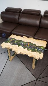 Special Sofa Table with extremely detailed Koi fish art and natural burl wood edge craftsmanship