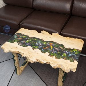 Special Sofa Table with extremely detailed Koi fish art and natural burl wood edge craftsmanship