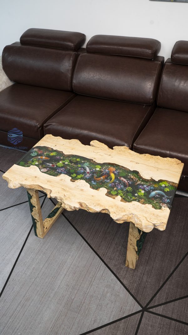 Special Sofa Table with extremely detailed Koi fish art and natural burl wood edge craftsmanship