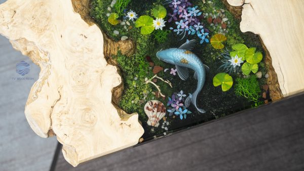 Iconic Handcrafted Wood Resin Coffee Table featuring detailed Koi art and natural burl edge