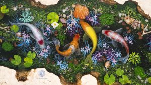 Iconic Handcrafted Wood Resin Coffee Table featuring detailed Koi art and natural burl edge
