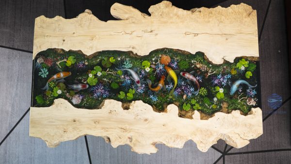 Special Sofa Table with extremely detailed Koi fish art and natural burl wood edge craftsmanship