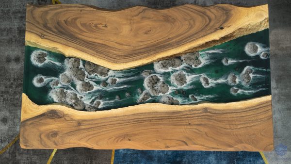 Apartment living room sofa table featuring a rock waterfall design by TV Wood Resin