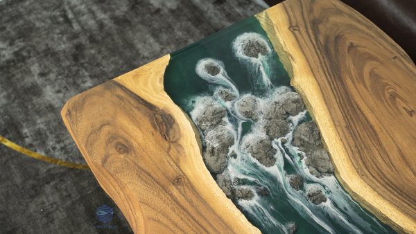 Apartment living room sofa table featuring a rock waterfall design by TV Wood Resin