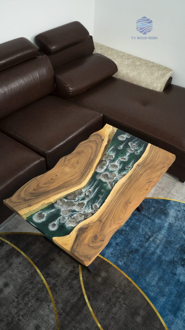 Apartment living room sofa table featuring a rock waterfall design by TV Wood Resin