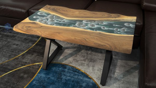 Apartment living room sofa table featuring a rock waterfall design by TV Wood Resin