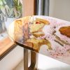 Special Japanese-style wood resin desk with hand-drawn cherry blossom petals and custom legs by TV Wood Resin