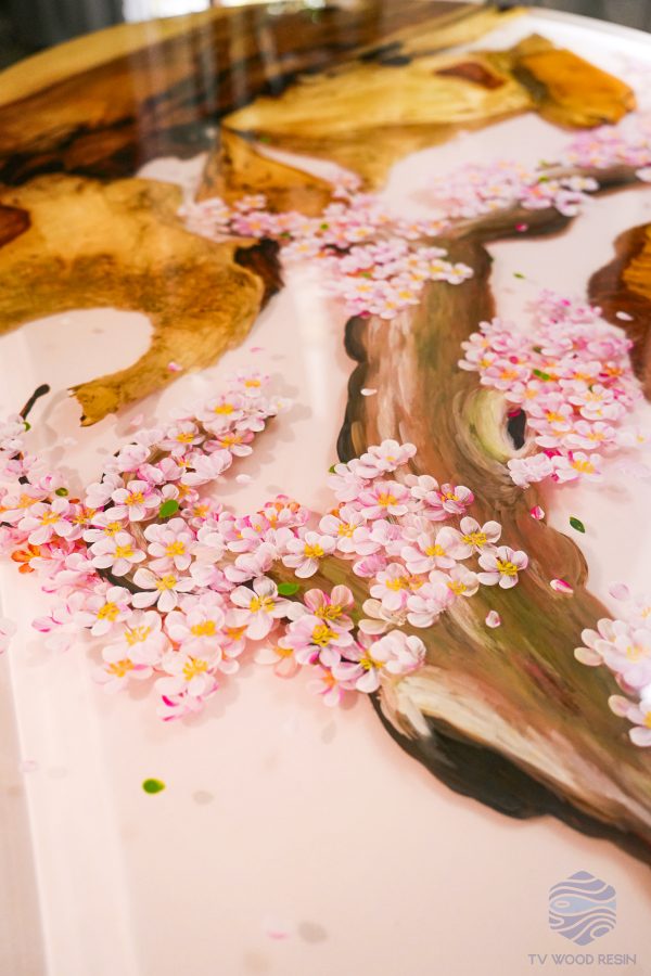 Special Japanese-style wood resin desk with hand-drawn cherry blossom petals and custom legs by TV Wood Resin