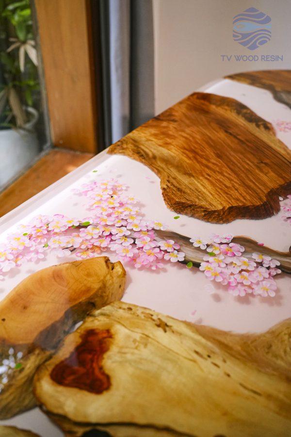 Special Japanese-style wood resin desk with hand-drawn cherry blossom petals and custom legs by TV Wood Resin