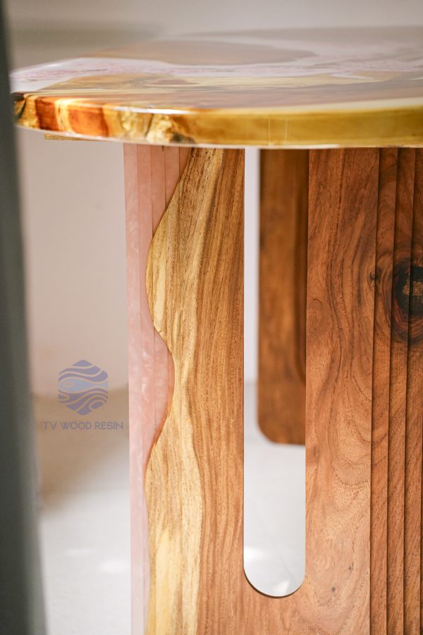 Special Japanese-style wood resin desk with hand-drawn cherry blossom petals and custom legs by TV Wood Resin