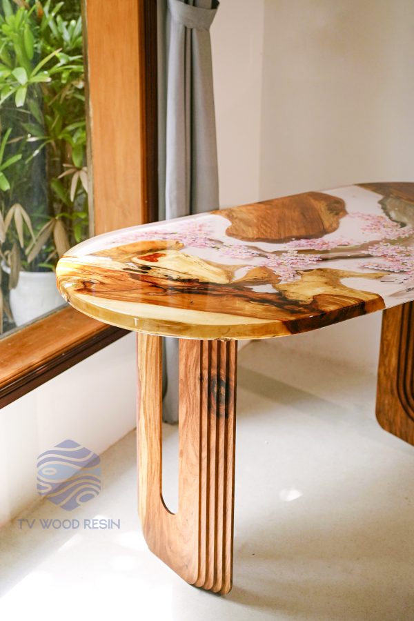Special Japanese-style wood resin desk with hand-drawn cherry blossom petals and custom legs by TV Wood Resin