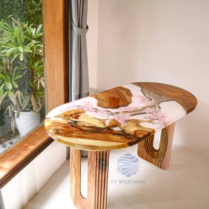 Special Japanese-style wood resin desk with hand-drawn cherry blossom petals and custom legs by TV Wood Resin