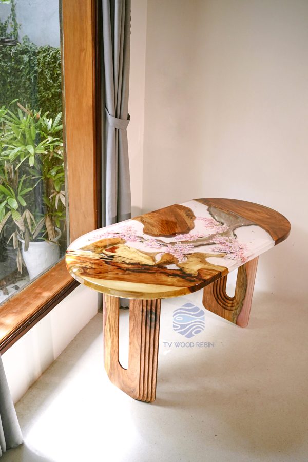 Special Japanese-style wood resin desk with hand-drawn cherry blossom petals and custom legs by TV Wood Resin