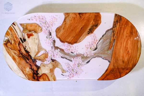 Special Japanese-style wood resin desk with hand-drawn cherry blossom petals and custom legs by TV Wood Resin