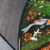 Handcrafted round coffee table for apartments, featuring iconic Koi fish, moss base, and rich red-brown Sưa wood